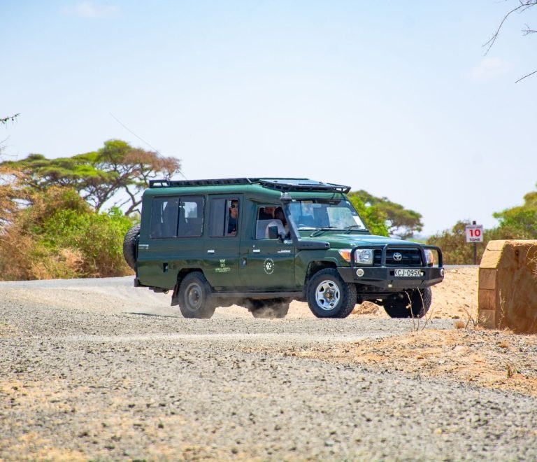 A safari Land Cruiser with guests aboard driving through acacia bushland in the Maasai Mara, Kenya