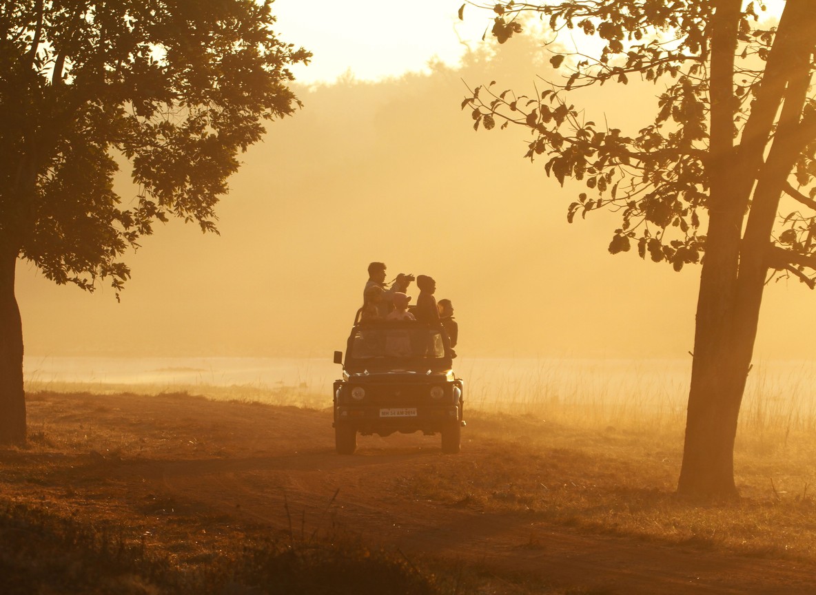 A Kenyan safari guide in uniform pointing out wildlife to guests from an open-sided safari vehicle at golden hour