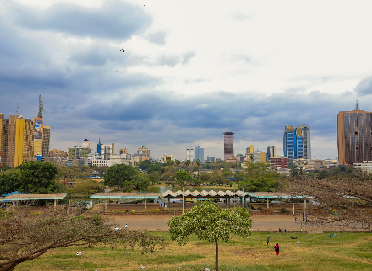 the Nairobi skyline with Uhuru Park in the foreground, representing Kenya's tourism and tech policy hub