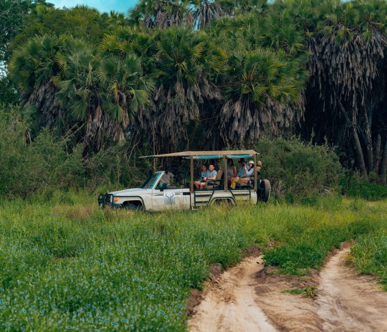A small group of travelers boarding a safari vehicle at a camp airstrip in the Maasai Mara, luggage stacked beside them