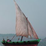 A traditional wooden dhow with a triangular sail crossing calm water off Lamu Island at sunset