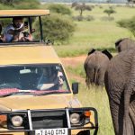 A family with young children riding in a safari vehicle with the pop-up roof open on a dirt track in Kenya