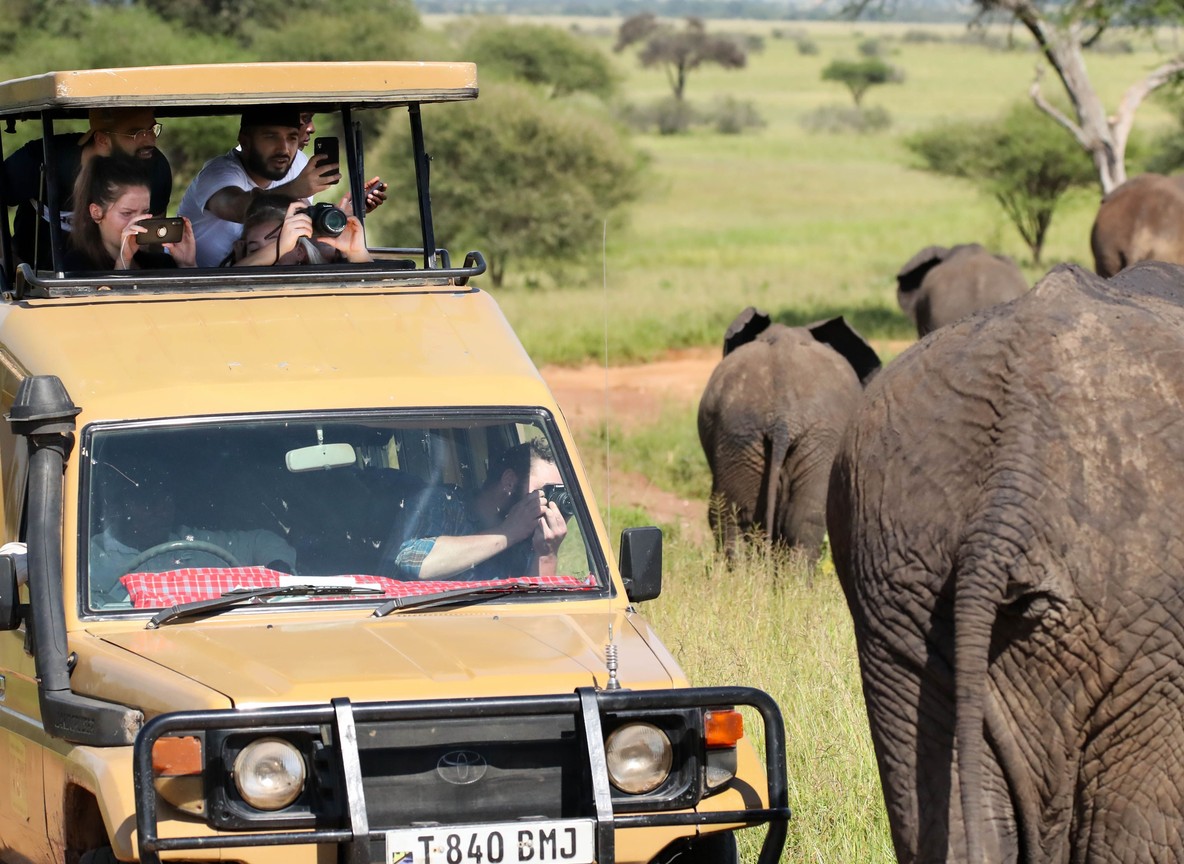 A family with young children riding in a safari vehicle with the pop-up roof open on a dirt track in Kenya