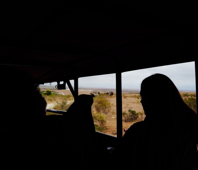 A single open safari vehicle parked on an empty savannah track at golden hour with no other vehicles in sight, Laikipia hills in the background