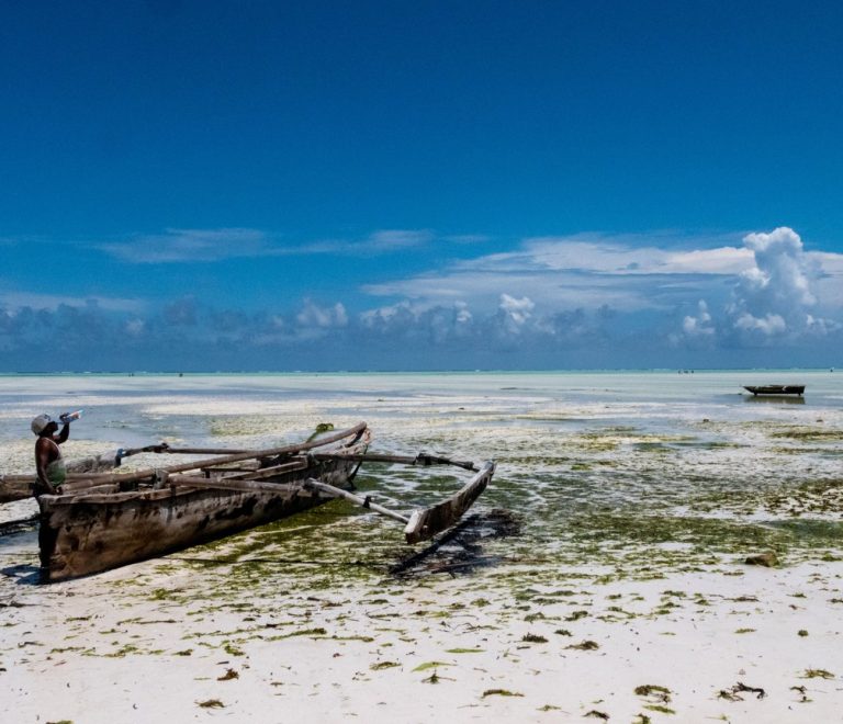 Aerial view of Stone Town's rooftops and dhow boats along Zanzibar's turquoise coastline at sunset